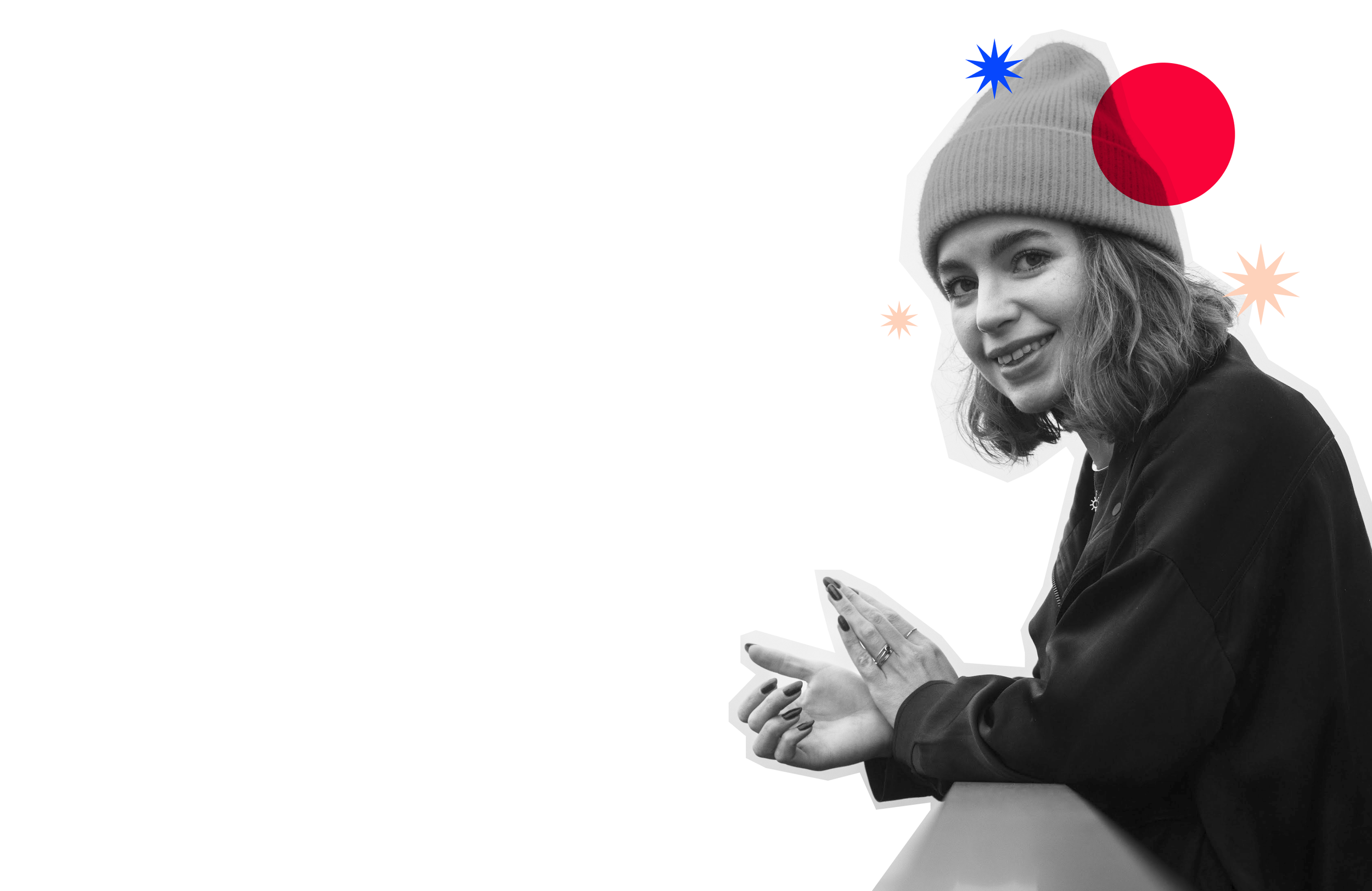 Karolina – black and white portrait, smiling over her shoulder, hands mid-gesture, with red and blue graphic accents.
