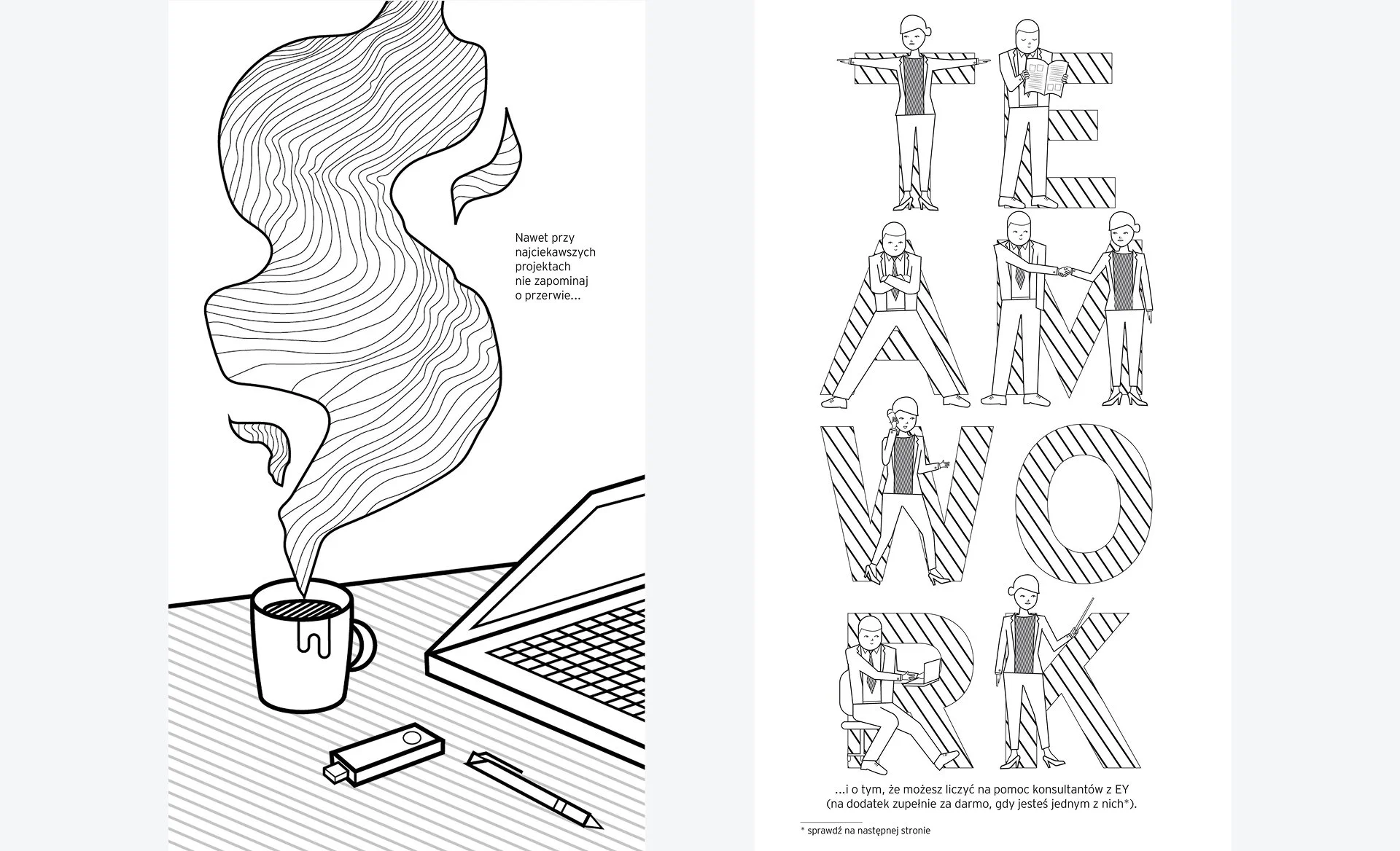 EY illustration — colouring book / internal newspaper artwork